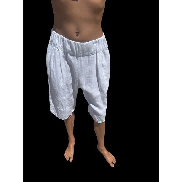 Sand Snow White Linen Blend Elastic Waist Resort Bermuda Shorts Unfinished Hem - Picture 2 of 6